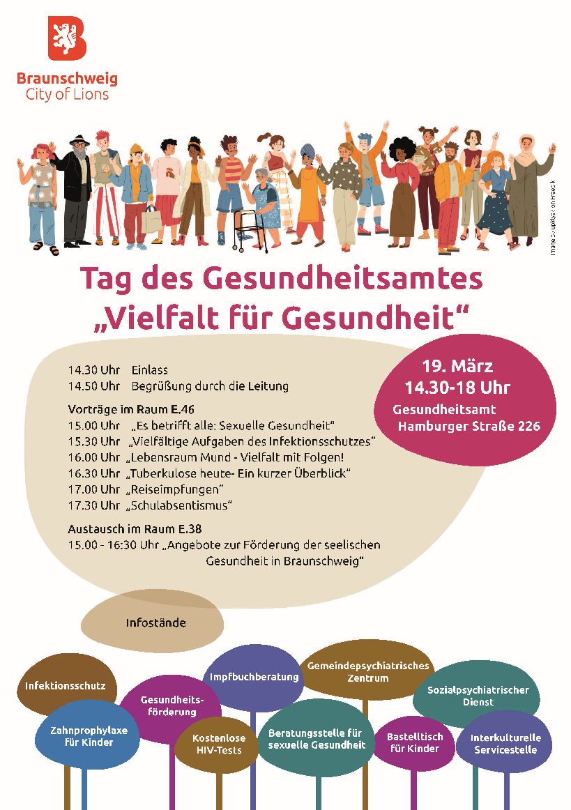 Plakat Tag des Gesundheitsamtes - "Vielfalt für Gesundheit" - mit Grafik einer vielfältigen Personengruppe und Programminformationen