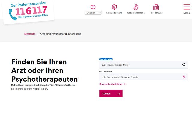 Veranschaulichung: Screenshot von der Website "arztsuche.116117.de" mit der Suchmaske der Arzt- und Psychotherapeutensuche